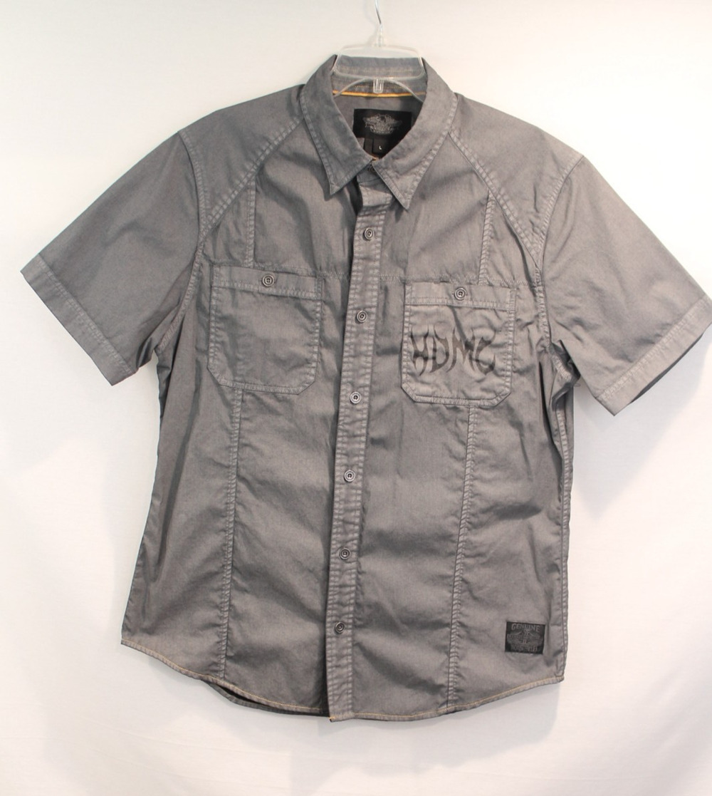 Harley Davidson Shirt Mens size L Gray Denim HDMC Graphic Print Button Up